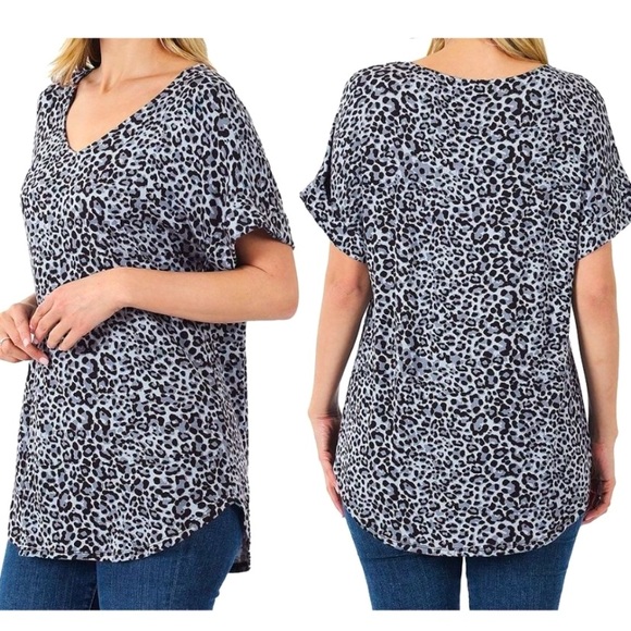 Grey leopard print cuff sleeve neck tunic tshirt top - Picture 2 of 5